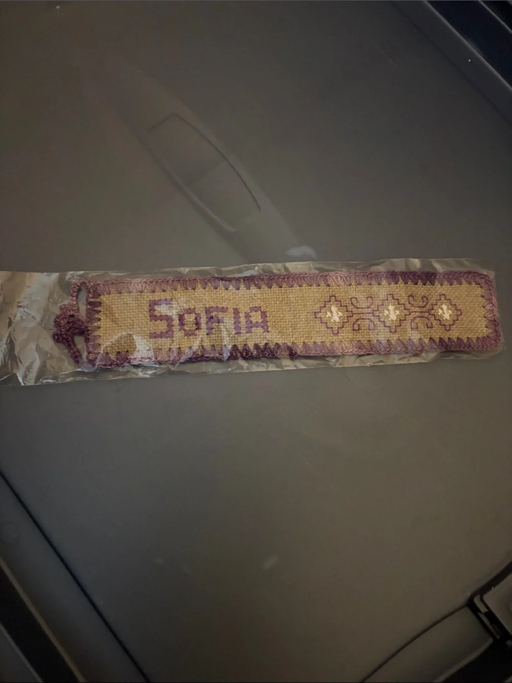 Handmade Embroidered Beige and Purple Bookmark